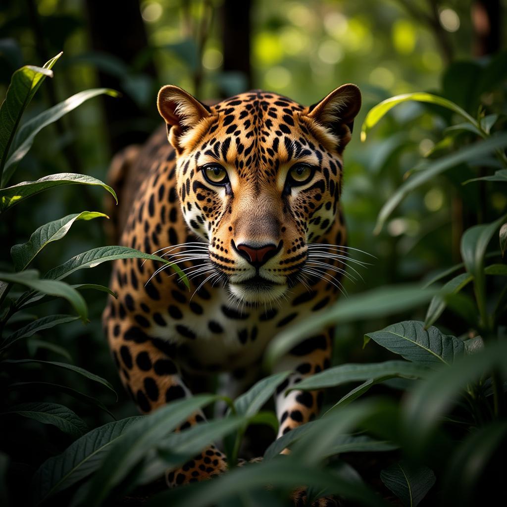 African Leopard Camouflaged in Jungle Foliage