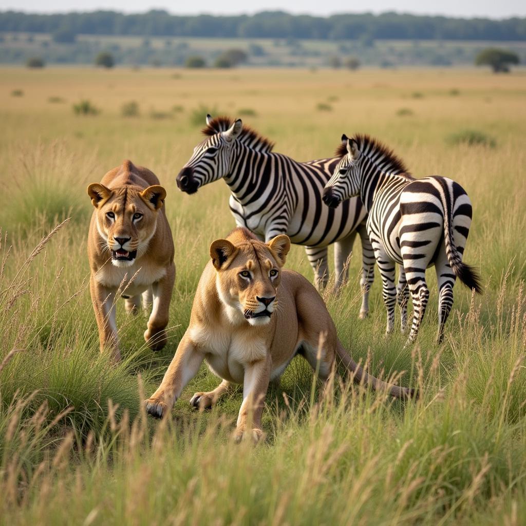 African Lion hunting Zebra in the Savanna