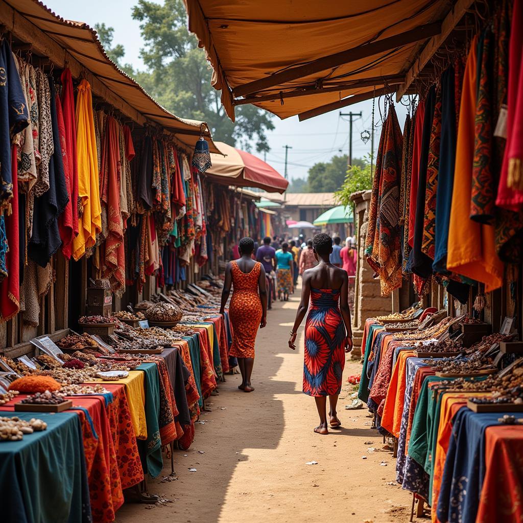 African Market with Colourful Textiles and Crafts