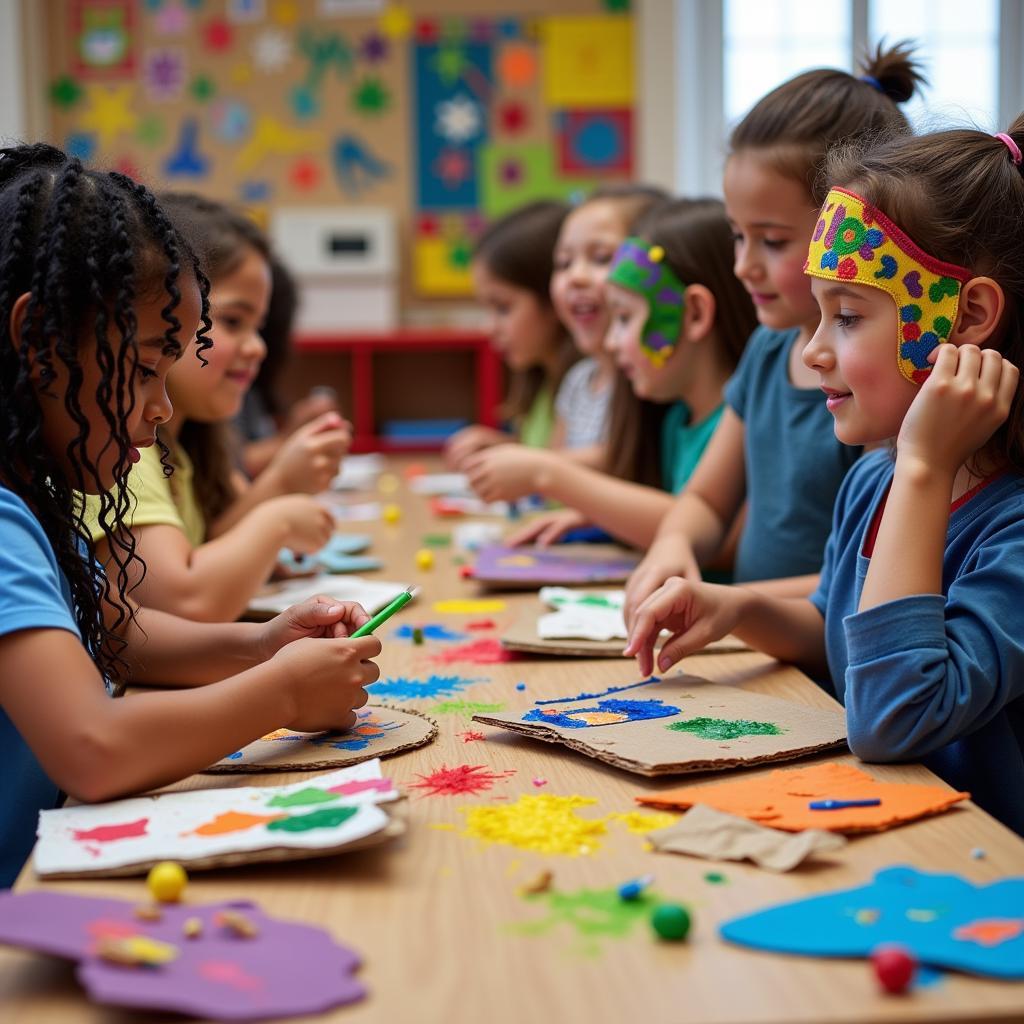 Children making African masks in kindergarten