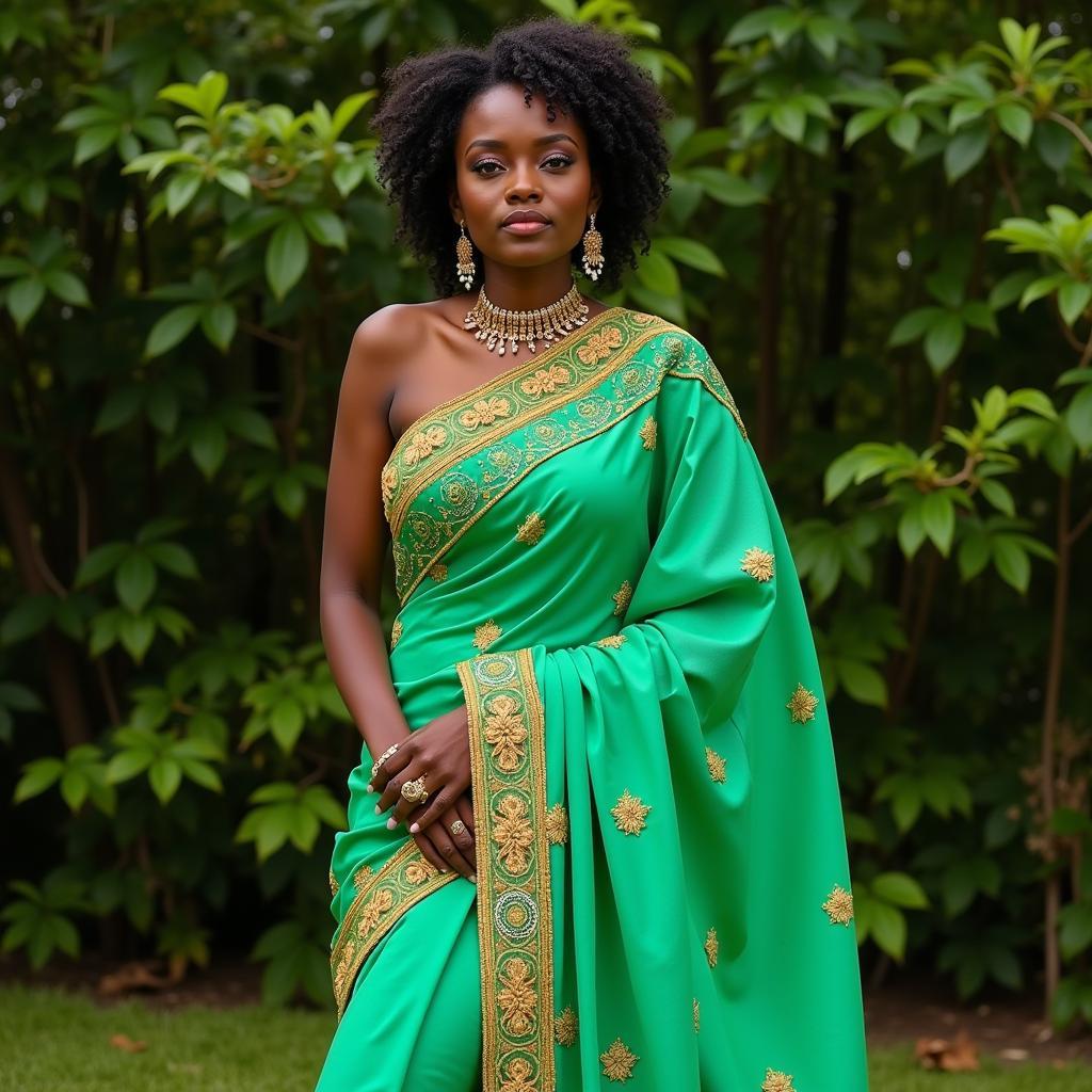 African model posing in a flowing green saree for a fashion photoshoot.