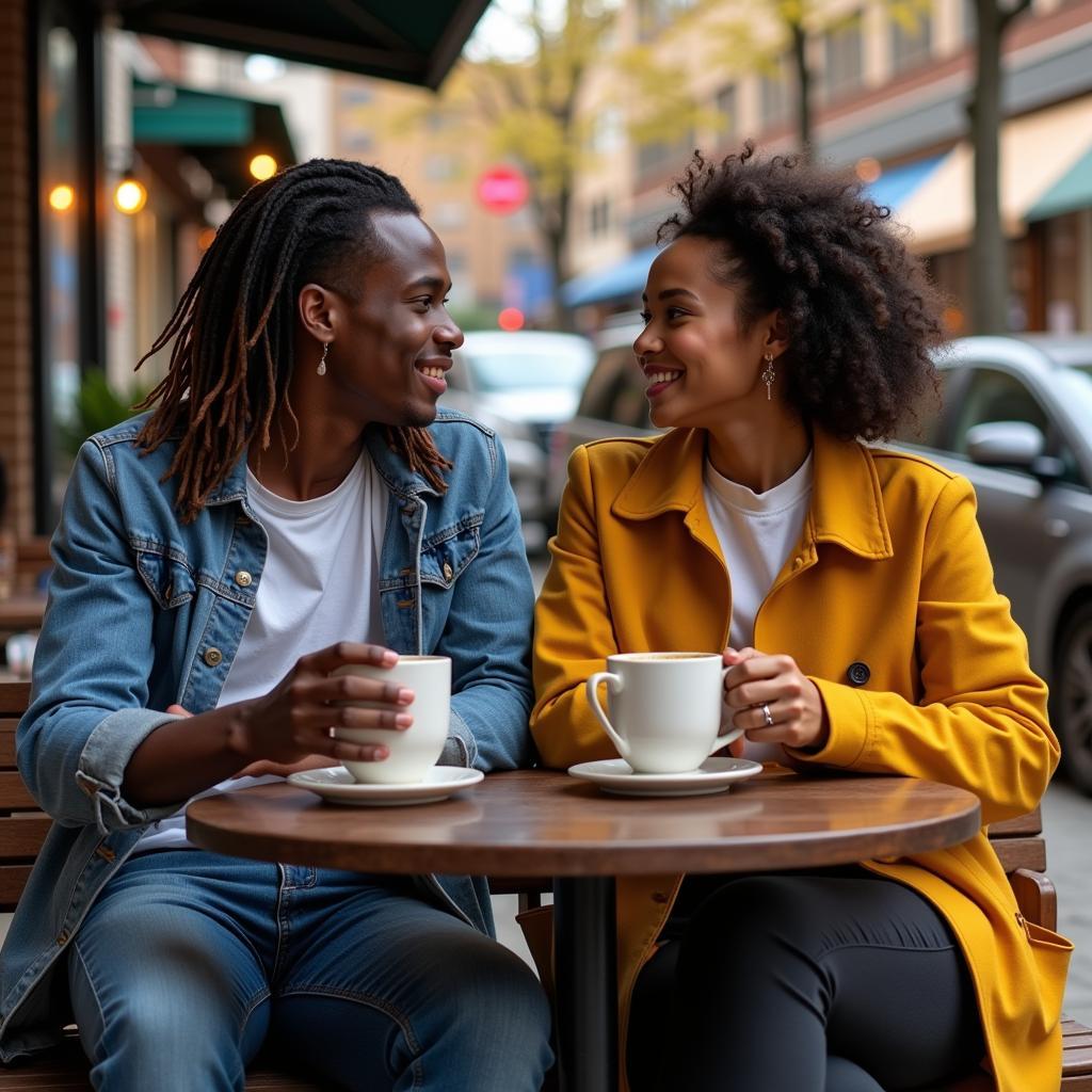 A young African couple, dressed in contemporary attire, enjoying a date in a modern setting.