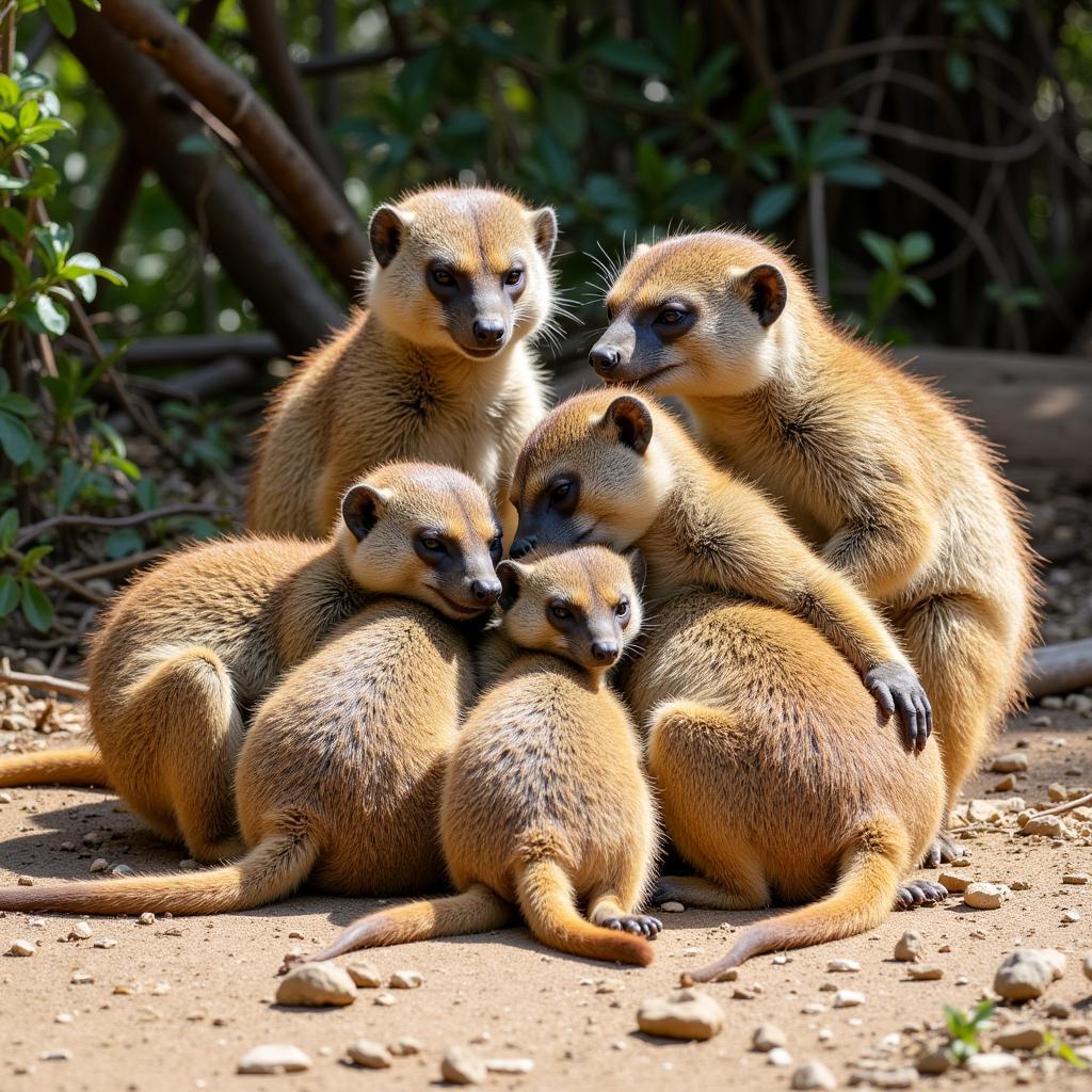 A family group of African mongooses resting together