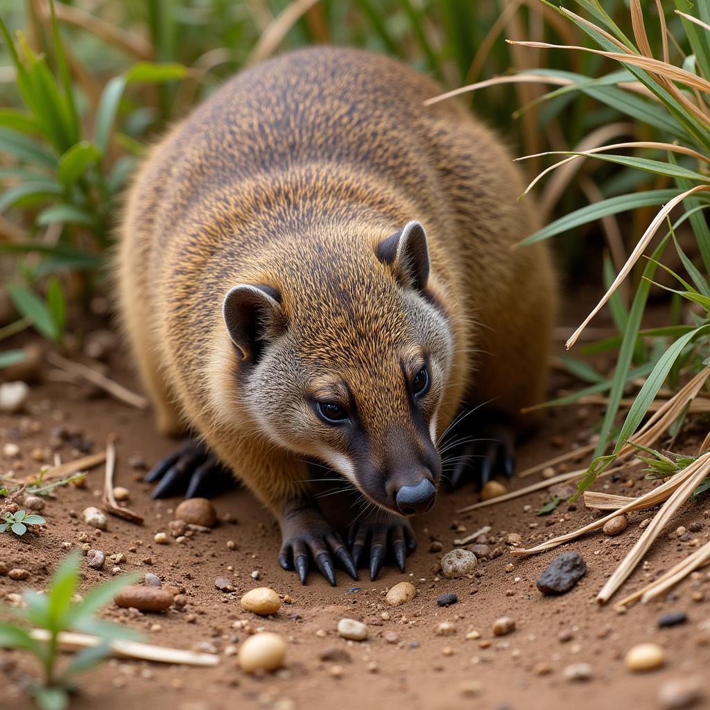 An African mongoose foraging for insects in the dry grass