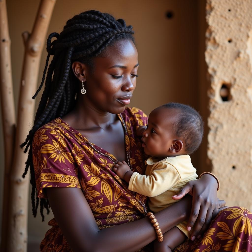 African Mother Breastfeeding Child in a Traditional Setting