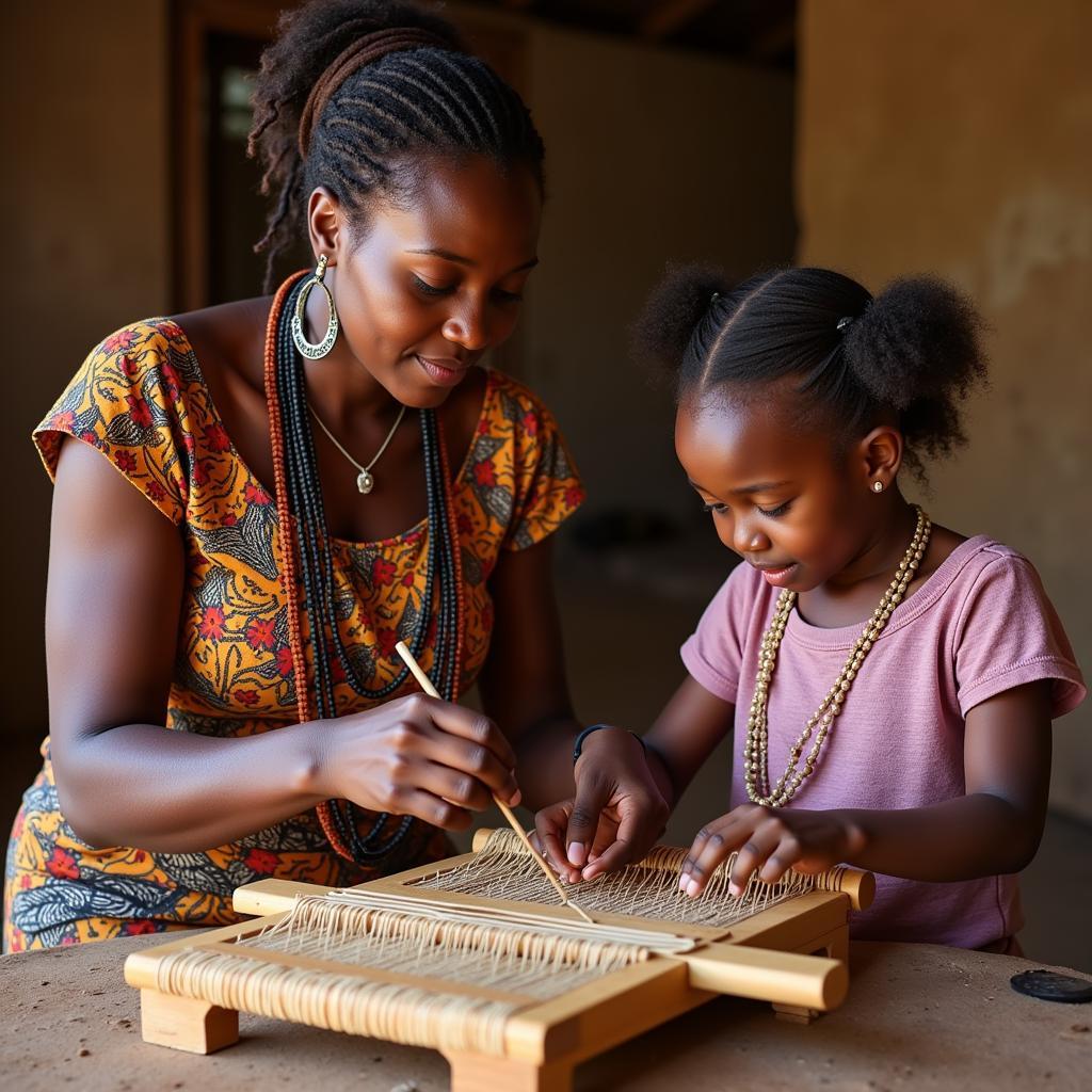 African Mother Teaching Child About Traditional Weaving