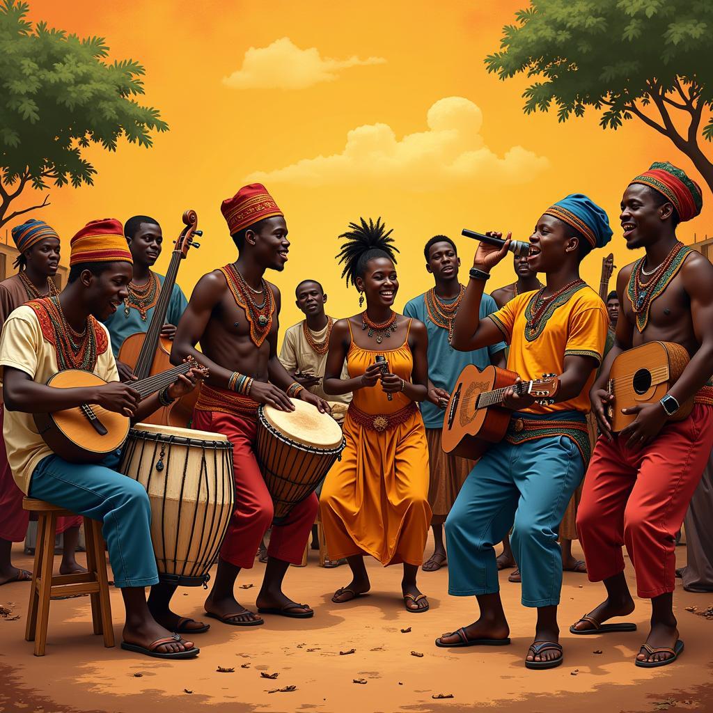 African Music and Dance: A group of musicians playing traditional African instruments accompanied by dancers in vibrant costumes.