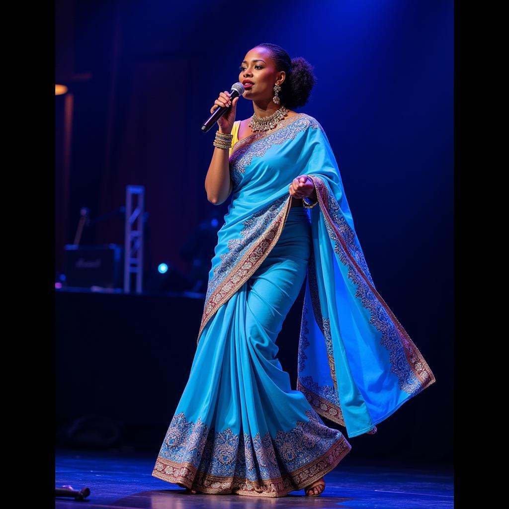 African musician performing in a vibrant blue saree.