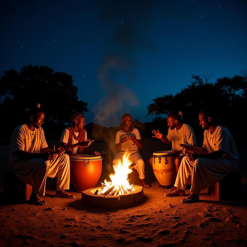 African musicians performing with traditional instruments around a bonfire, creating a captivating atmosphere under the night sky.