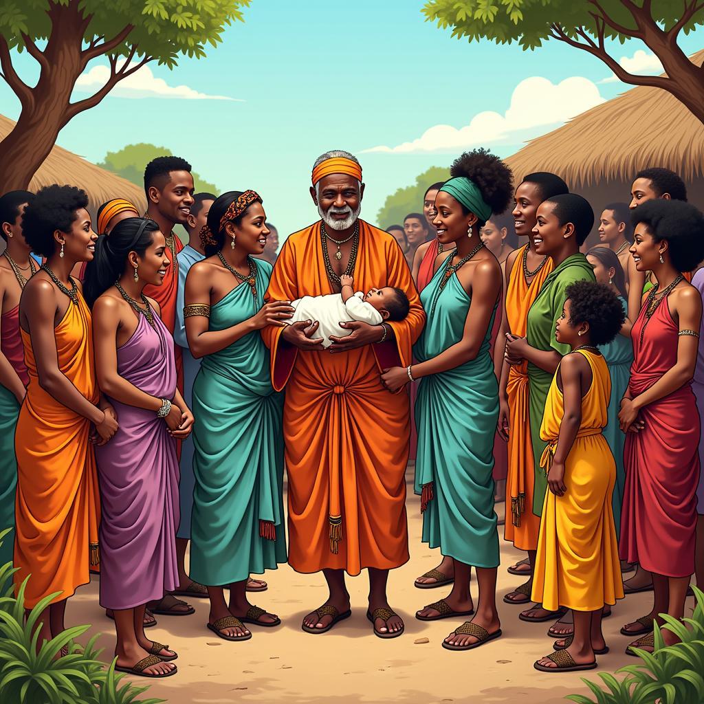 A depiction of a traditional African naming ceremony, with family and community members gathered to celebrate the newborn and bestow the chosen name.