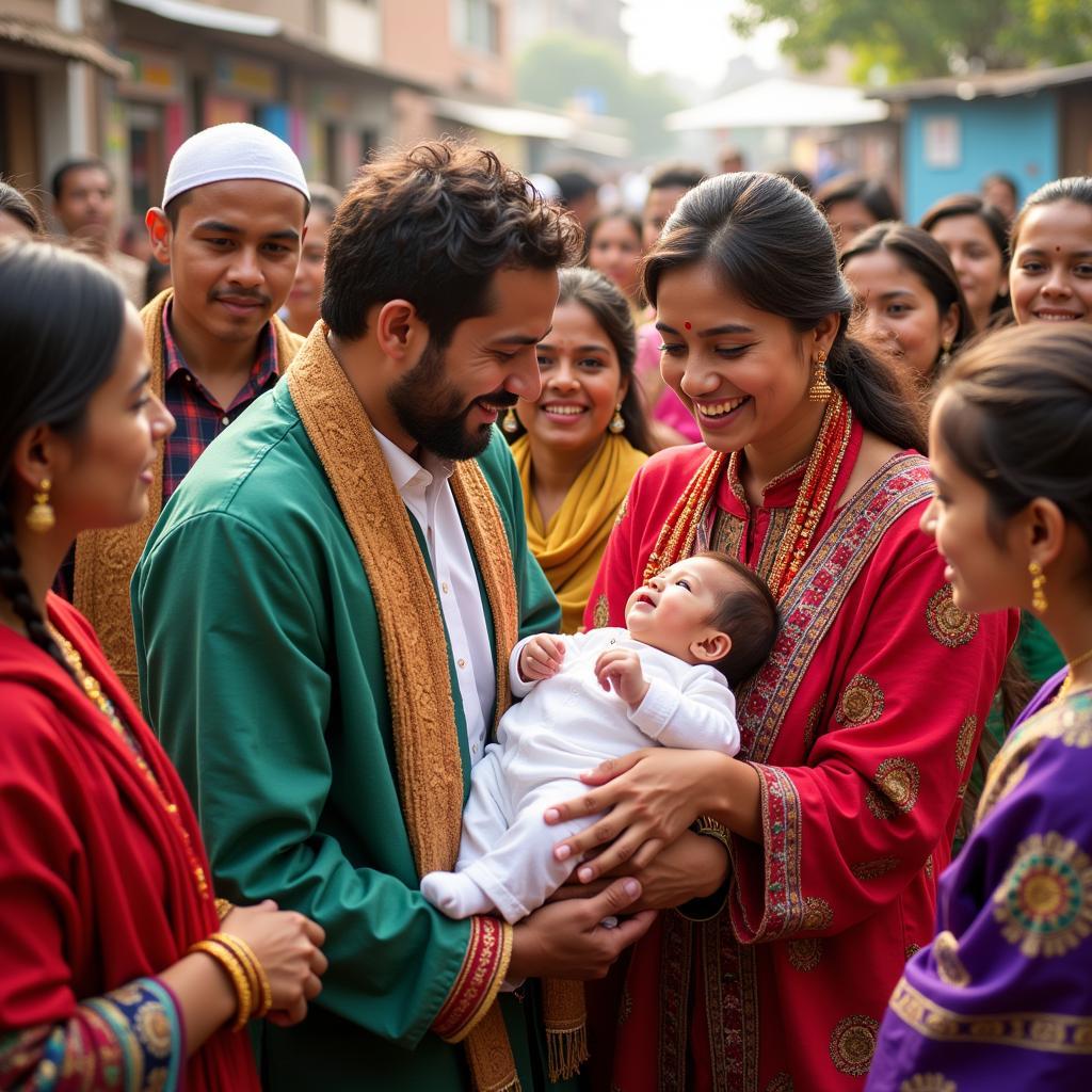 A traditional African naming ceremony, where a baby girl is given a name starting with E, surrounded by family and community members.