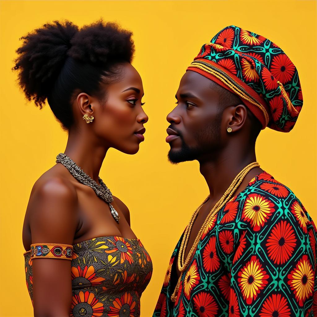 African couple in traditional attire engaging in intimate conversation, symbolizing the importance of communication and understanding in navigating cultural norms related to sexuality.