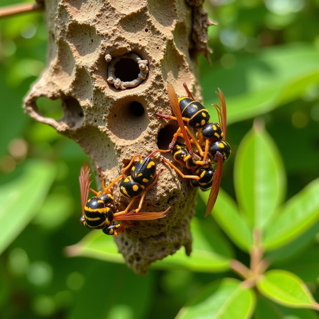 African Paper Wasp Building Nest