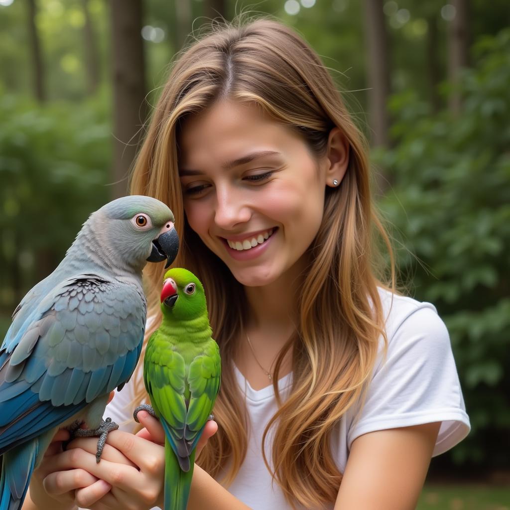 A Small African Parrot as a Companion: A heartwarming scene of an owner bonding with their small African parrot, highlighting the enriching companionship these birds offer.