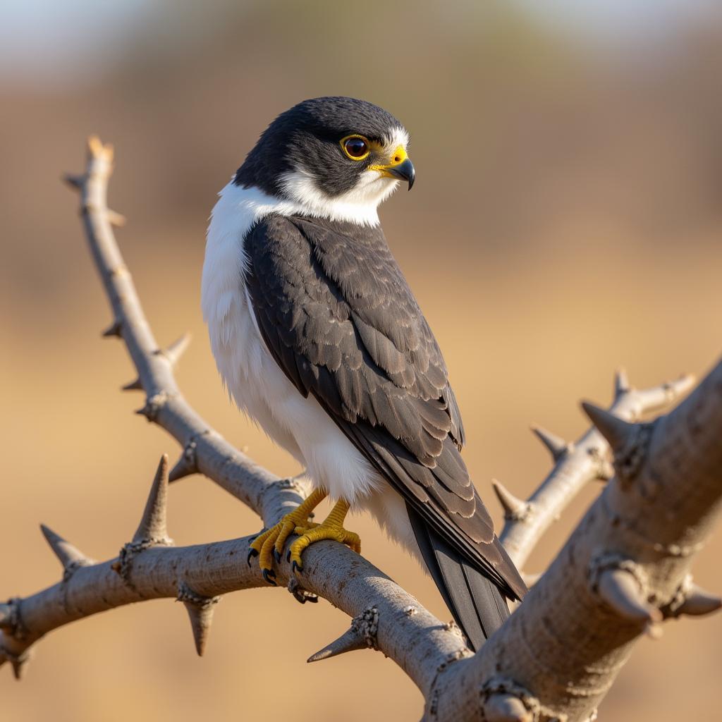 African Pygmy Falcon perched on a thorny acacia branch