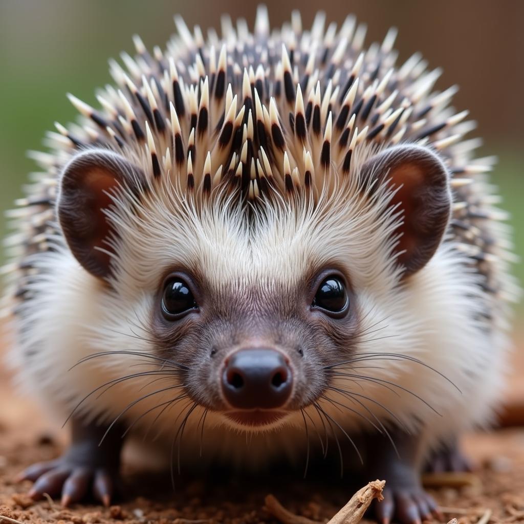 Close-up of an African pygmy hedgehog showing its quills and small, curious eyes