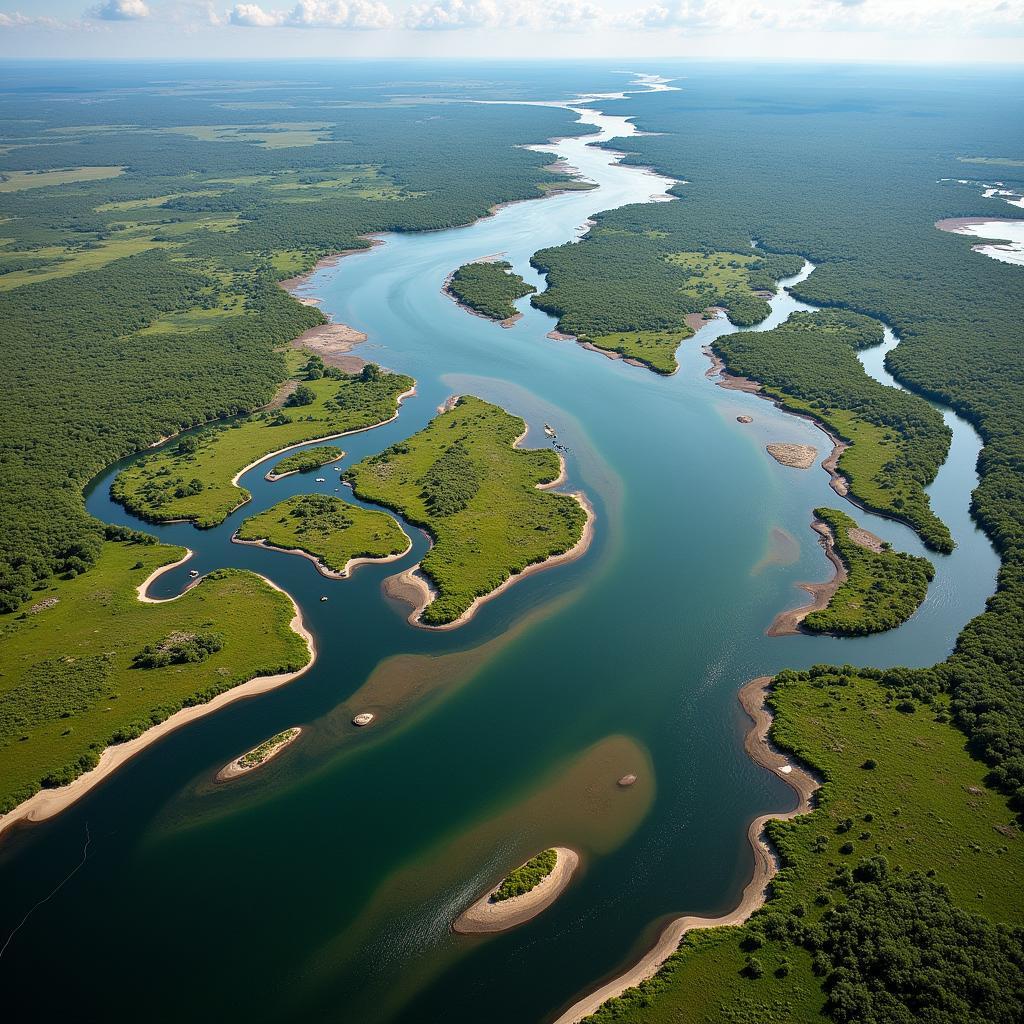 Aerial view of the Okavango Delta, showcasing its unique ecosystem and biodiversity