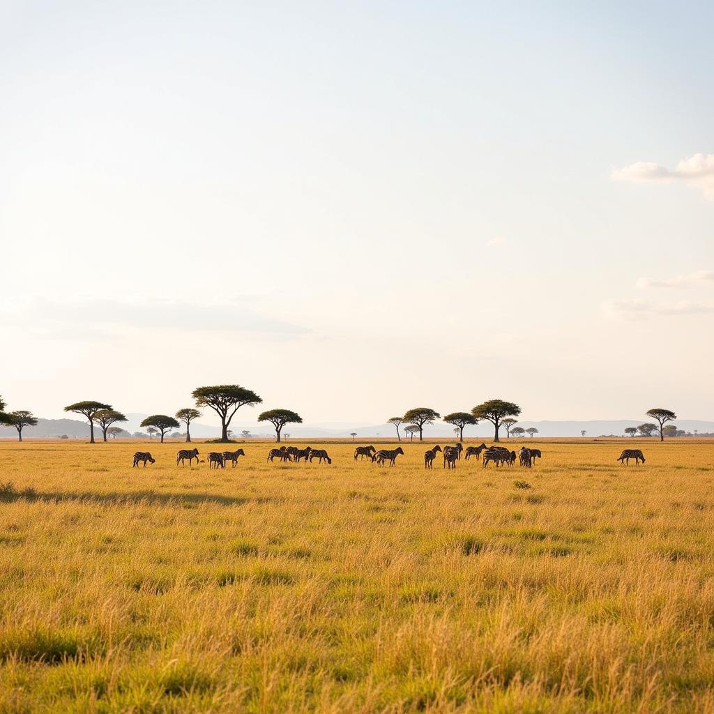 African Savannah Landscape with Wildlife: A vast grassland dotted with acacia trees, with zebras grazing in the distance.