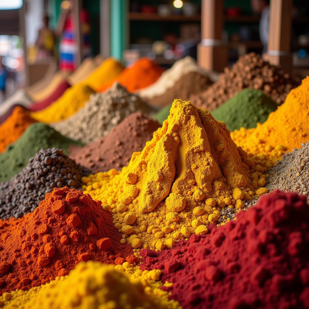 A colorful display of spices in an African market, highlighting the rich flavors and aromatic ingredients used in African cuisine.