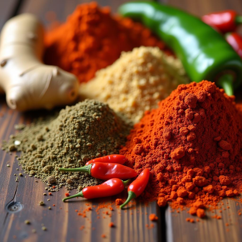 A display of common spices and ingredients used in African cuisine, including chili peppers, cumin, coriander, and ginger.