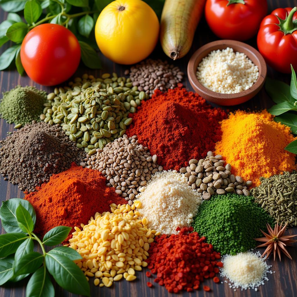 A display of colorful African spices and ingredients, representing the diversity of African cuisine.