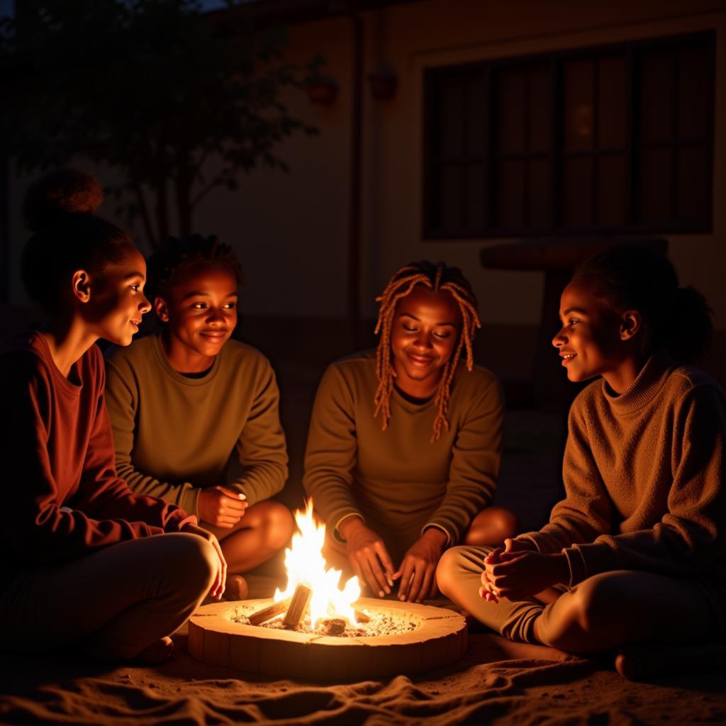 African Storytelling and Intimacy: Depicting a group of people gathered around a fire, listening intently to an elder sharing stories and wisdom about relationships and intimacy within their culture.