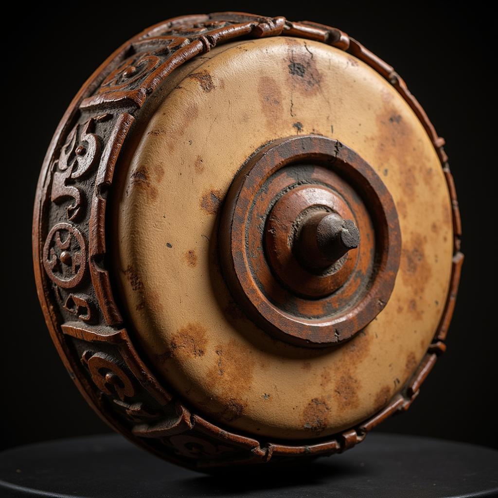 An African talking drum with intricate carvings, showcasing the craftsmanship and artistry.