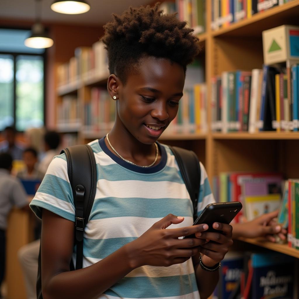 African Teen Using a Smartphone for Education