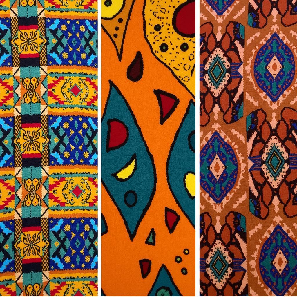 Different African textiles: kente, Ankara, and mudcloth