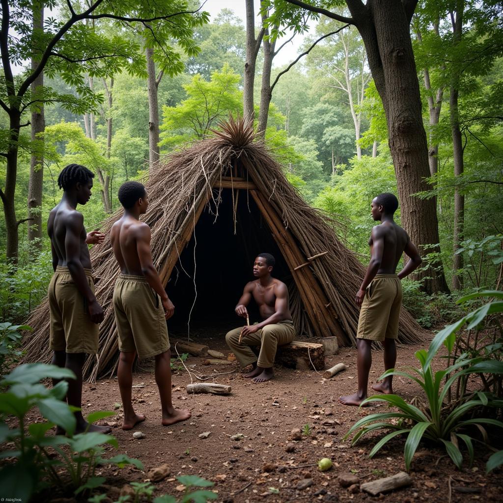 African Tribal Hunters in the Forest Demonstrating Survival Skills