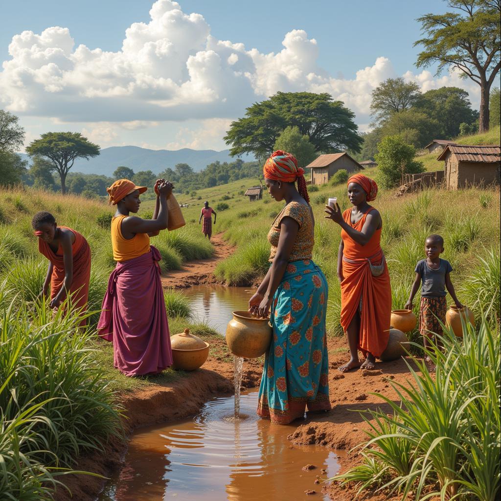 African women engaged in daily activities in a village setting