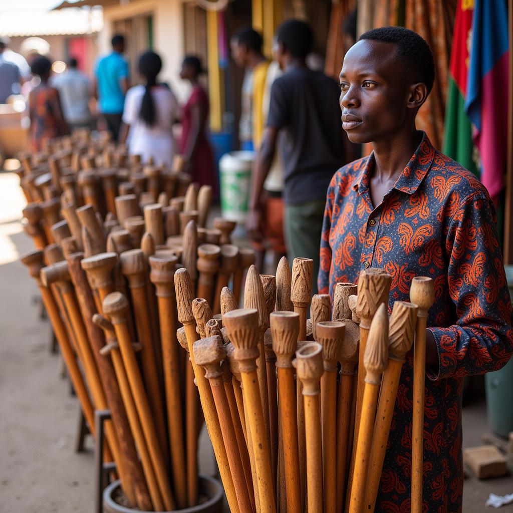 African Walking Sticks Displayed in a Vibrant Marketplace