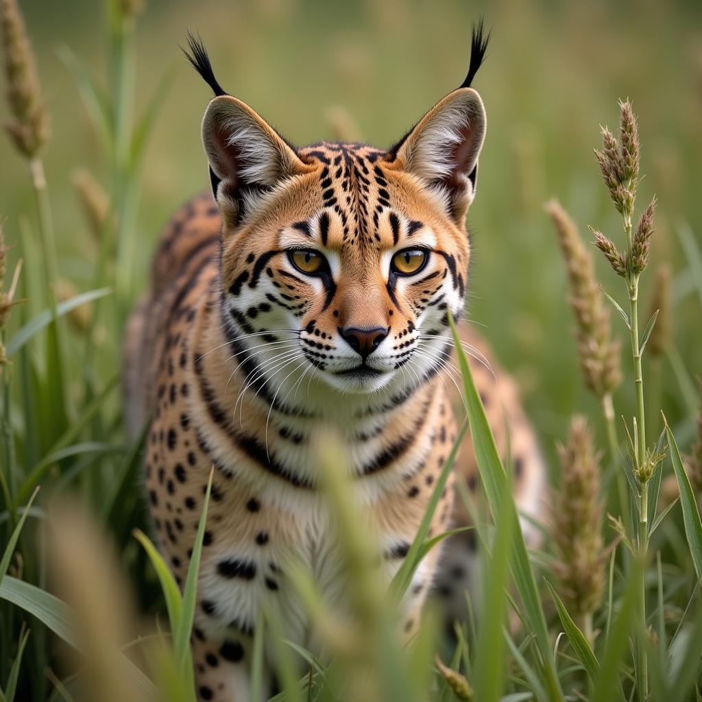 African Wild Cat Camouflaged in Grass