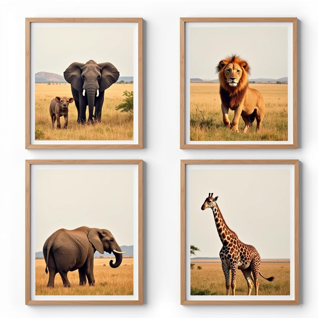 Framed African Wildlife Canvas Prints: Elephants, Lions, and Giraffes