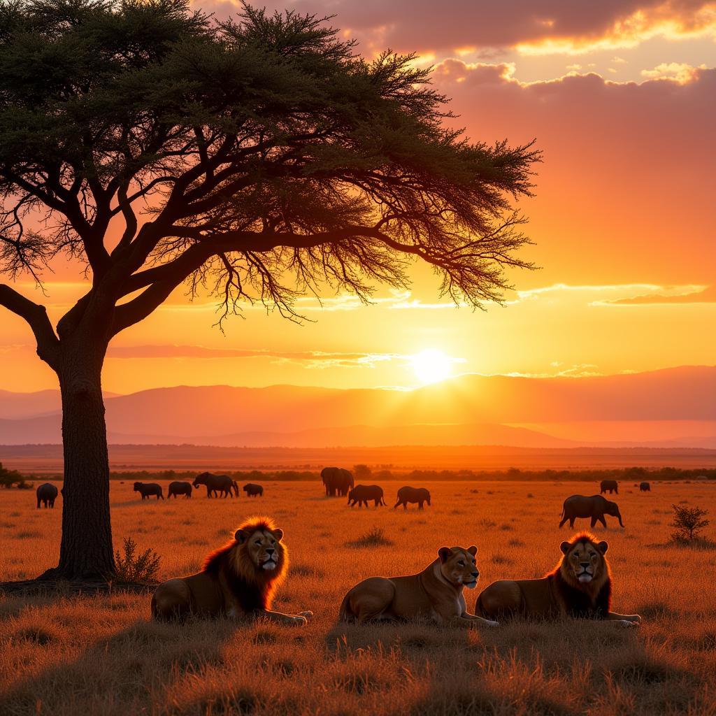 African Wildlife Savanna: Lions and Elephants Roaming Freely