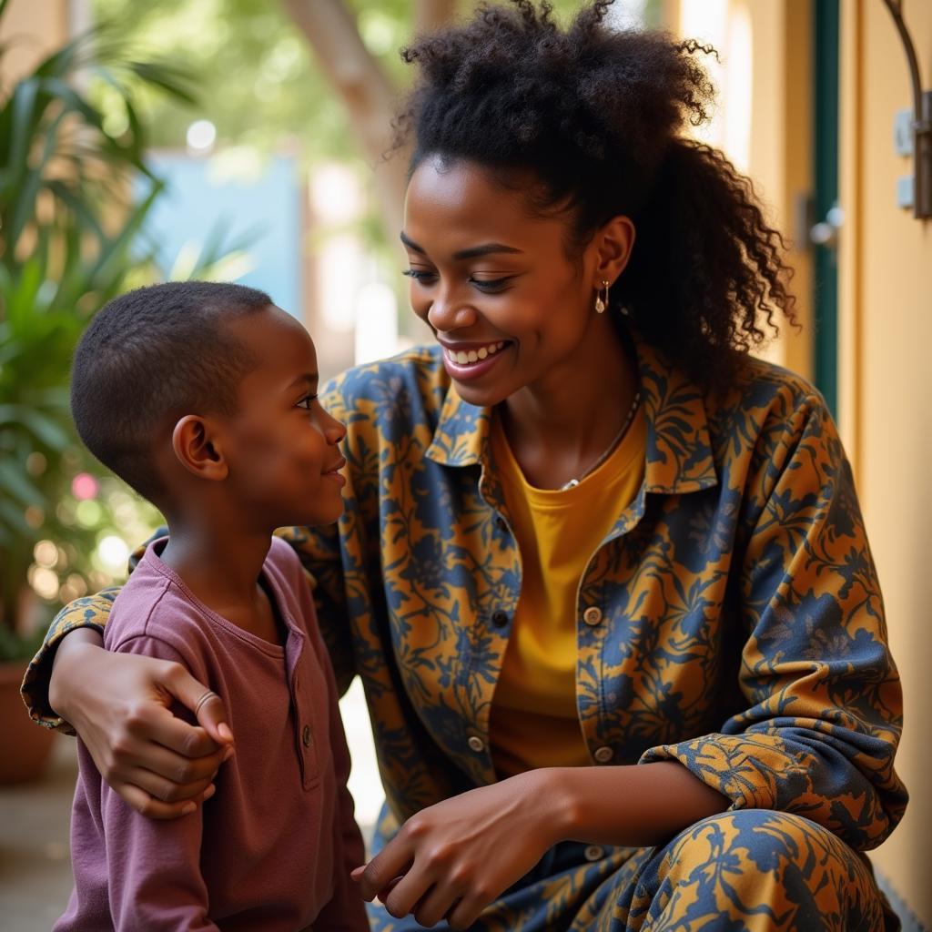 African Woman Supporting Young Boy