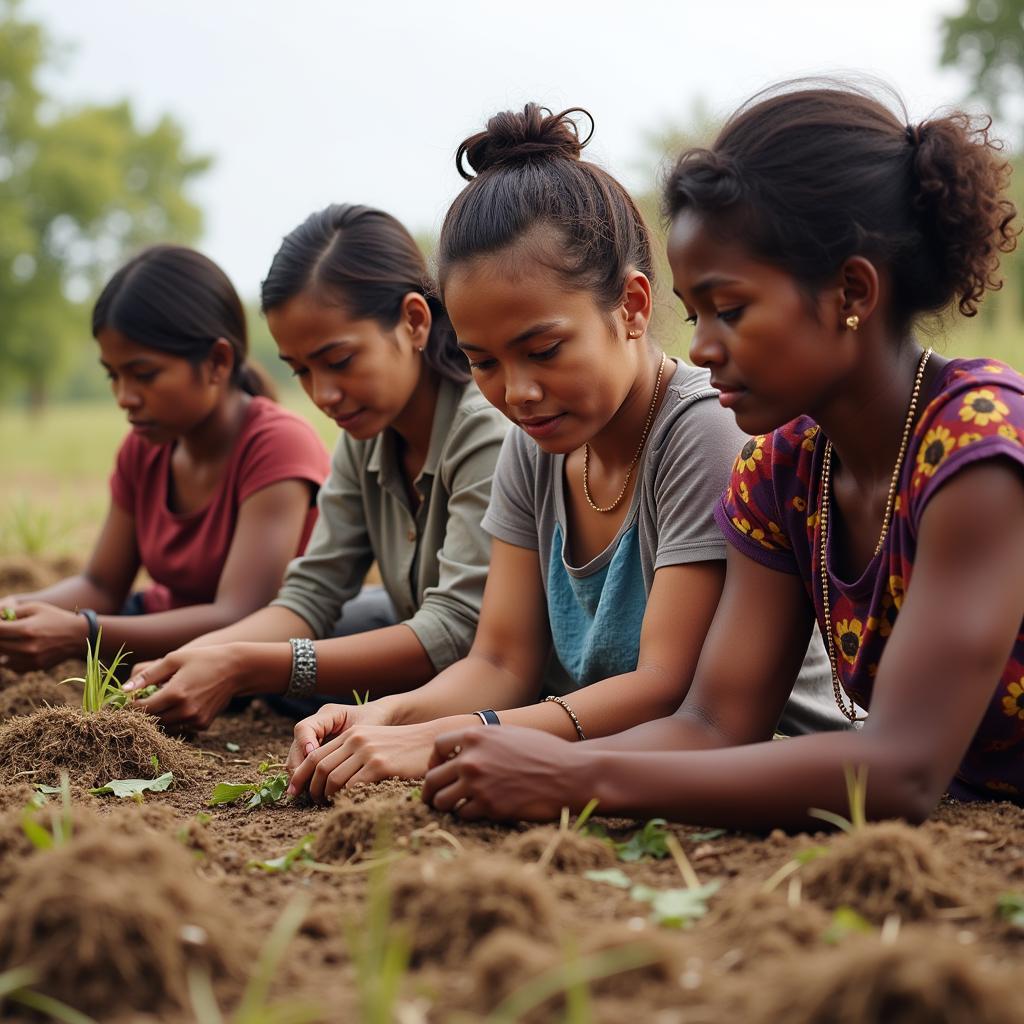 A group of African women working together in their community, demonstrating the power of collective support and empowerment.