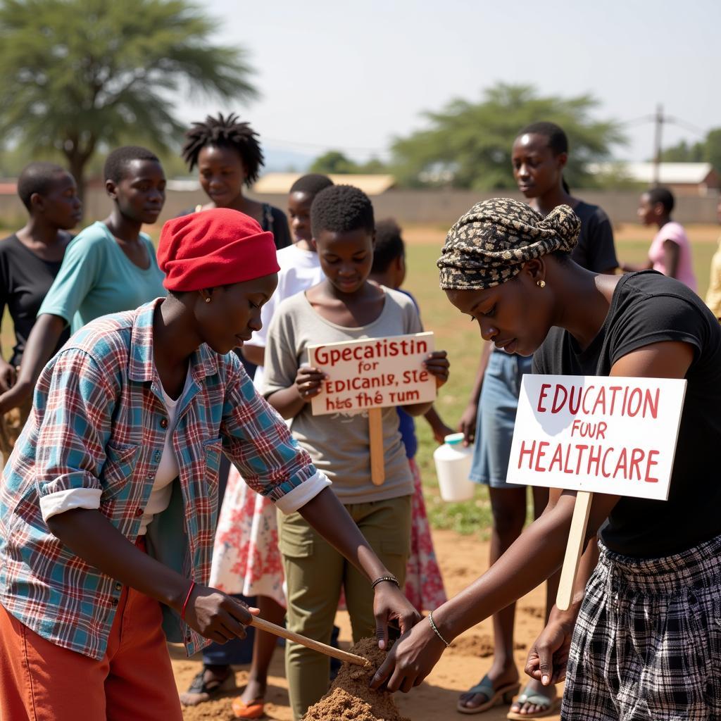 African women demonstrating resilience and strength in the face of adversity, participating in community projects and advocating for their rights.