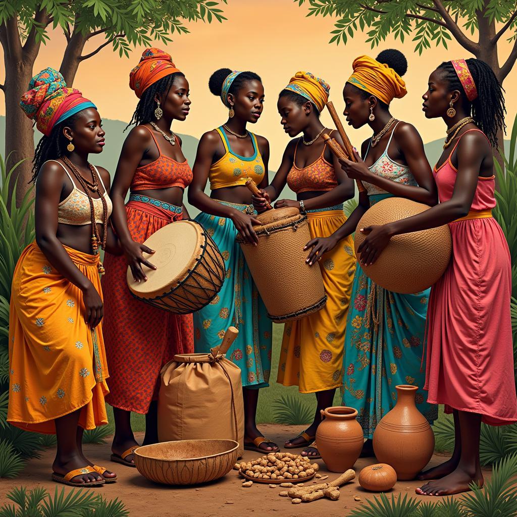 African Women Engaging in Traditional Music and Art