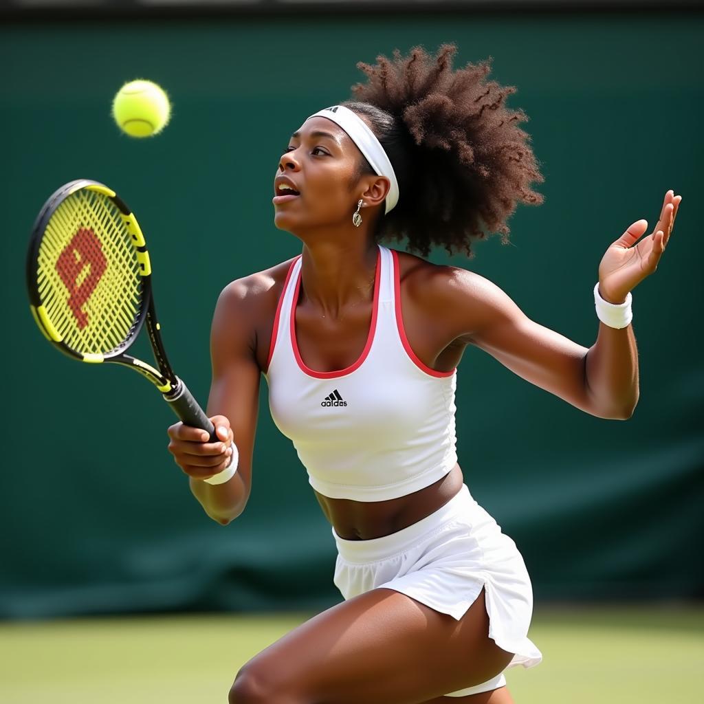 Althea Gibson executing her powerful serve during a tennis match.