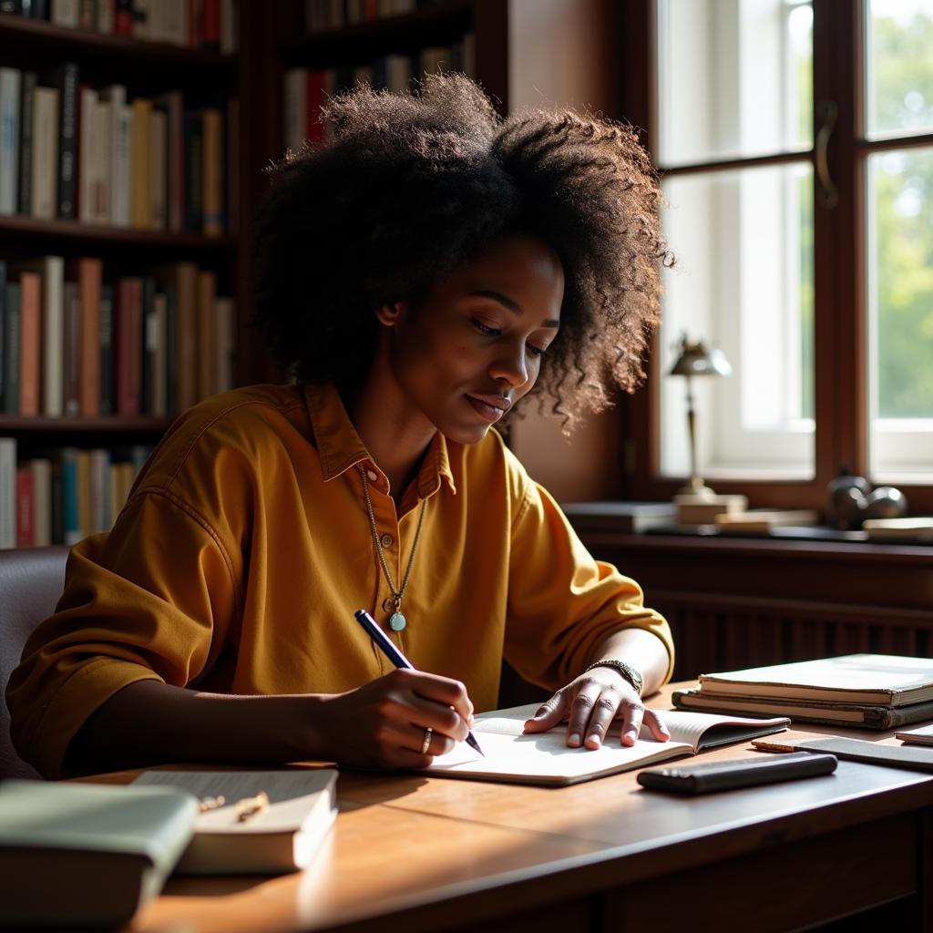 An African American Author Writing at Desk