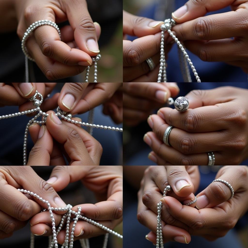 Close-up of an artisan's hands meticulously stringing colorful beads onto a thread to create a piece of African jewelry