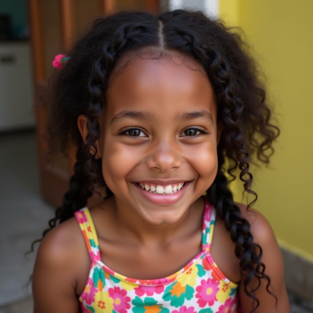 Portrait of a young African American girl smiling brightly, showcasing the photographer's ability to capture authentic expressions and the beauty of Black children.