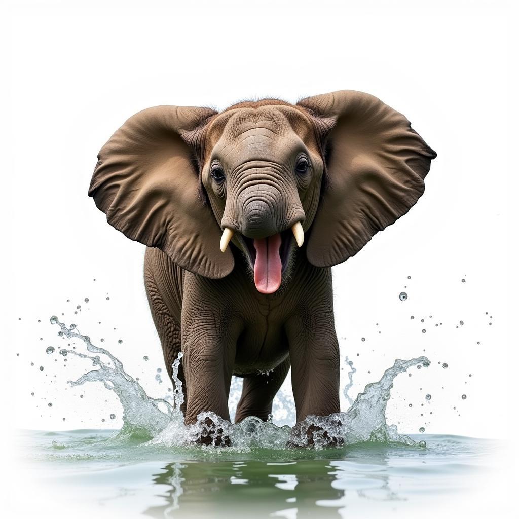 Baby African elephant playing in water with a transparent background