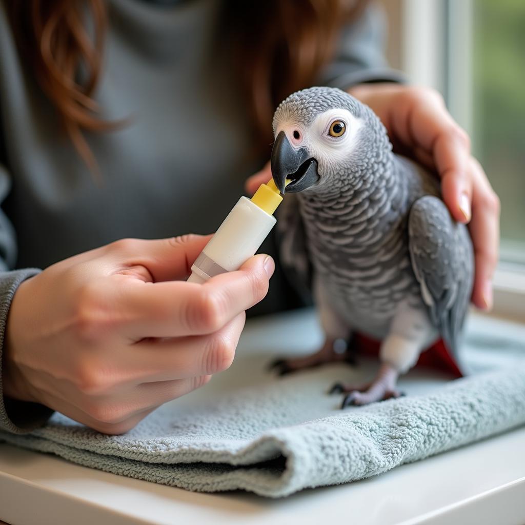 A baby African grey parrot being hand-fed.