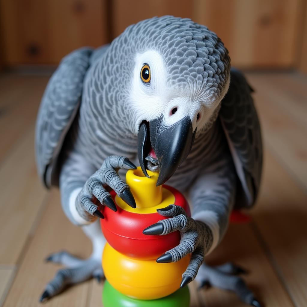 A baby African grey parrot playing with a toy.