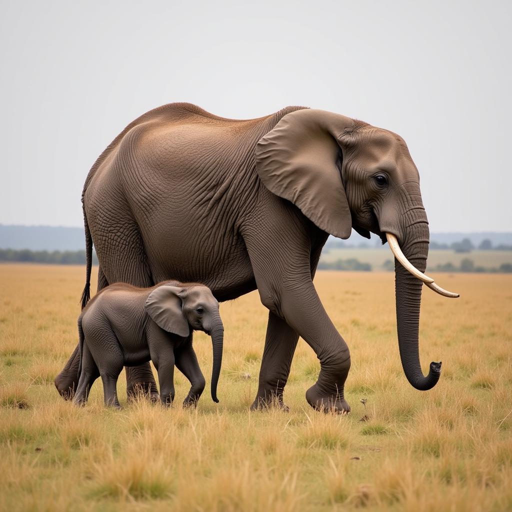 Baby Elephant with its Mother in the African Savanna