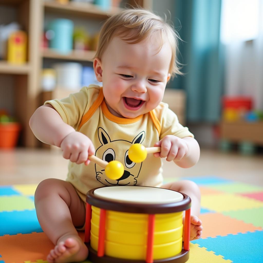 Baby Playing Toy Drum: A baby sits on a colorful play mat, happily banging on a small toy drum. The baby's joyful expression highlights the innate connection between children and rhythm.