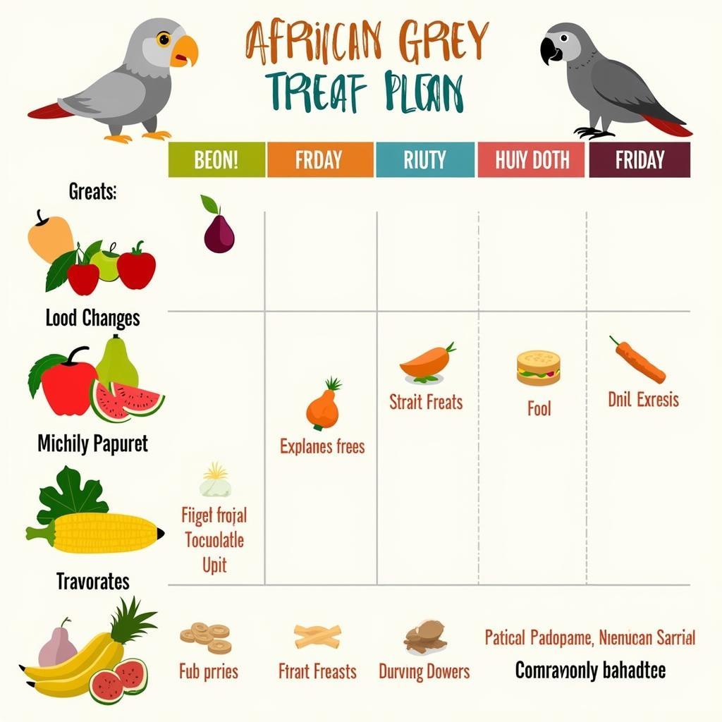 A chart illustrating a balanced treat plan for an African grey, incorporating various fruits, vegetables, and healthy parrot treats.