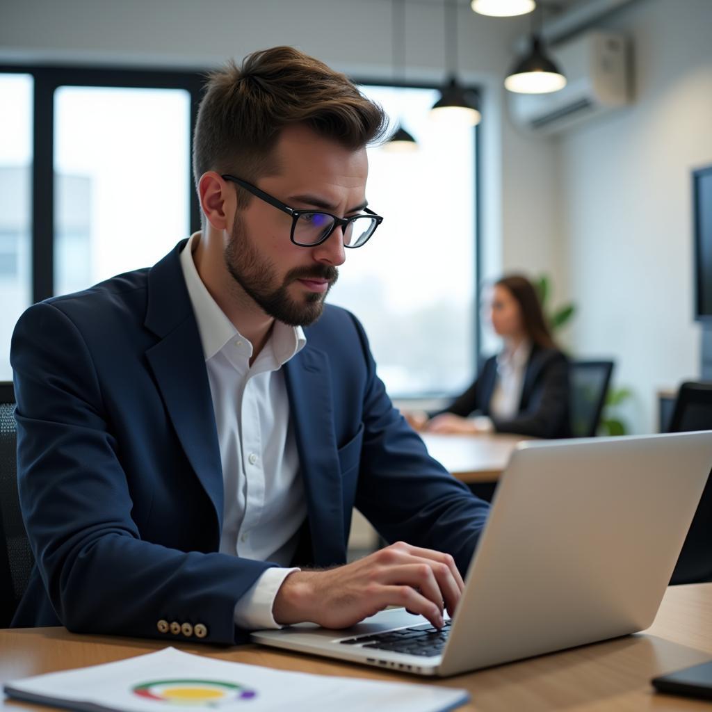 A banking professional working diligently on a laptop in a modern office setting.